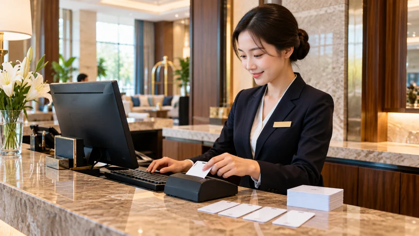 Lễ tân kiểm tra và cài đặt thẻ từ mở khoá phòng khách sạn khi khách vào check in