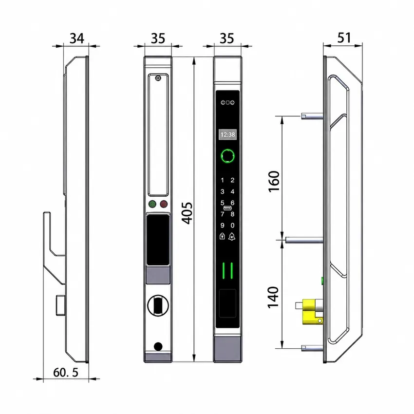 Kích thước khóa thông minh Lizman LM-AL919 chi tiết Kích thước chi tiết khoá LM-AL919 Face ID cho cửa nhôm, cửa trượt, cửa sắt hộp