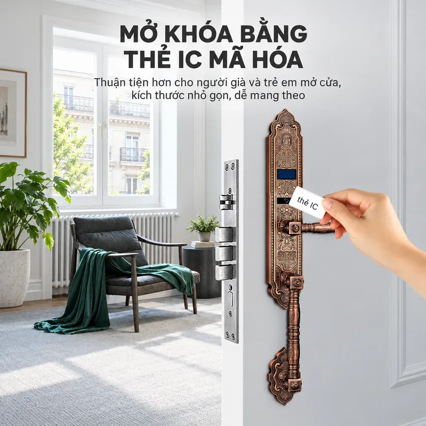 Mở khóa bằng thẻ từ IC cho người già và trẻ nhỏ tiện dụng Mở khóa thẻ từ tiện lợi trên Lizman LM-CL1108 cho biệt thự