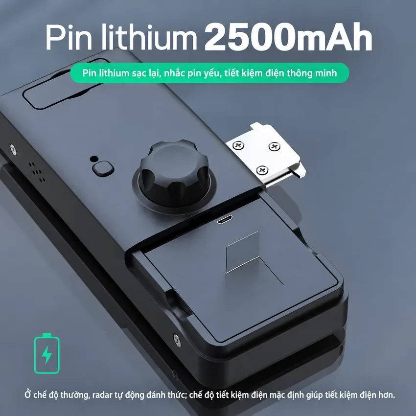Pin lithium dung lượng lớn cho thời gian sử dụng dài Khóa vân tay Lizman G9 sử dụng pin lithium 2500mAh