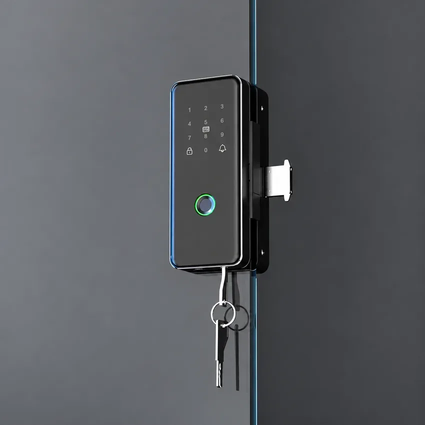 Hình ảnh khoá Lizman G9 thực tế khi lắp đặt Khoa van tay Lizman G9 Face ID lắp thực tế trên cửa kính