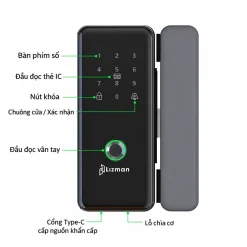 Khoá vân tay cửa kính cường lực Lizman LM-G5