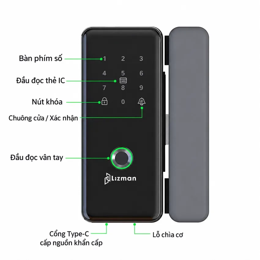 Khoá vân tay cửa kính Lizman LM-G5 mặt trước Khoá vân tay cửa kính cường lực Lizman LM-G5 mặt trước, màu đen, thương hiệu Lizman, khóa thông minh cho cửa kính