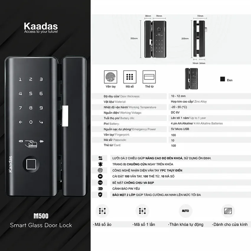 Hướng dẫn kích thước – tính năng Kaadas M500 Bảng chi tiết kỹ thuật và chức năng của khóa cửa kính Kaadas M500