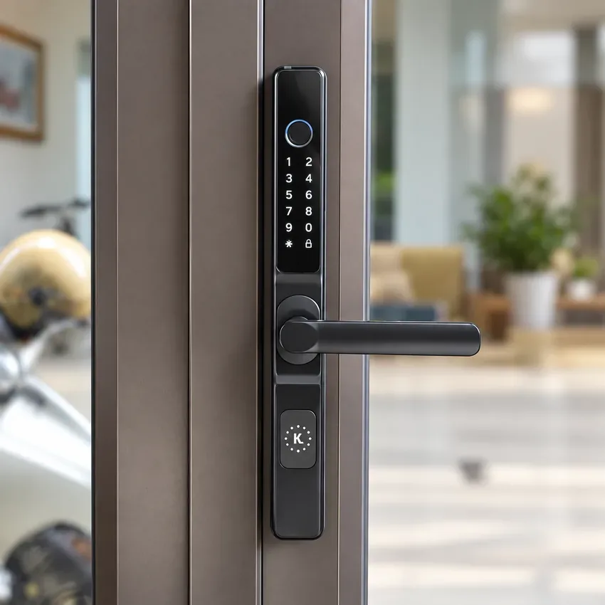 Khóa vân tay Kassler KL 68BL thực tế sử dụng Khóa cửa Kassler KL 68BL lắp đặt trên cửa nhôm xingfa