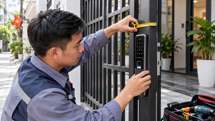Thợ đanglắp khoá thông minh cho cửa sắt