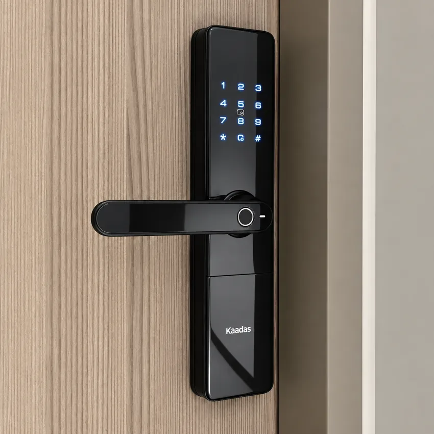 Khóa vân tay Kaadas S500 cho cửa hiện đại Khóa vân tay Kaadas S500 lắp đặt trên cửa màu gỗ sáng