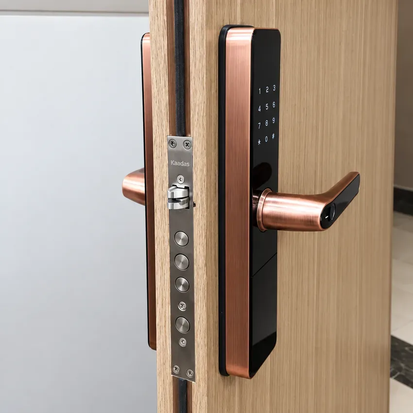 Khóa vân tay Kaadas S500 kết hợp chất liệu cao cấp Khóa vân tay Kaadas S500 màu đồng đỏ trên cửa nhựa