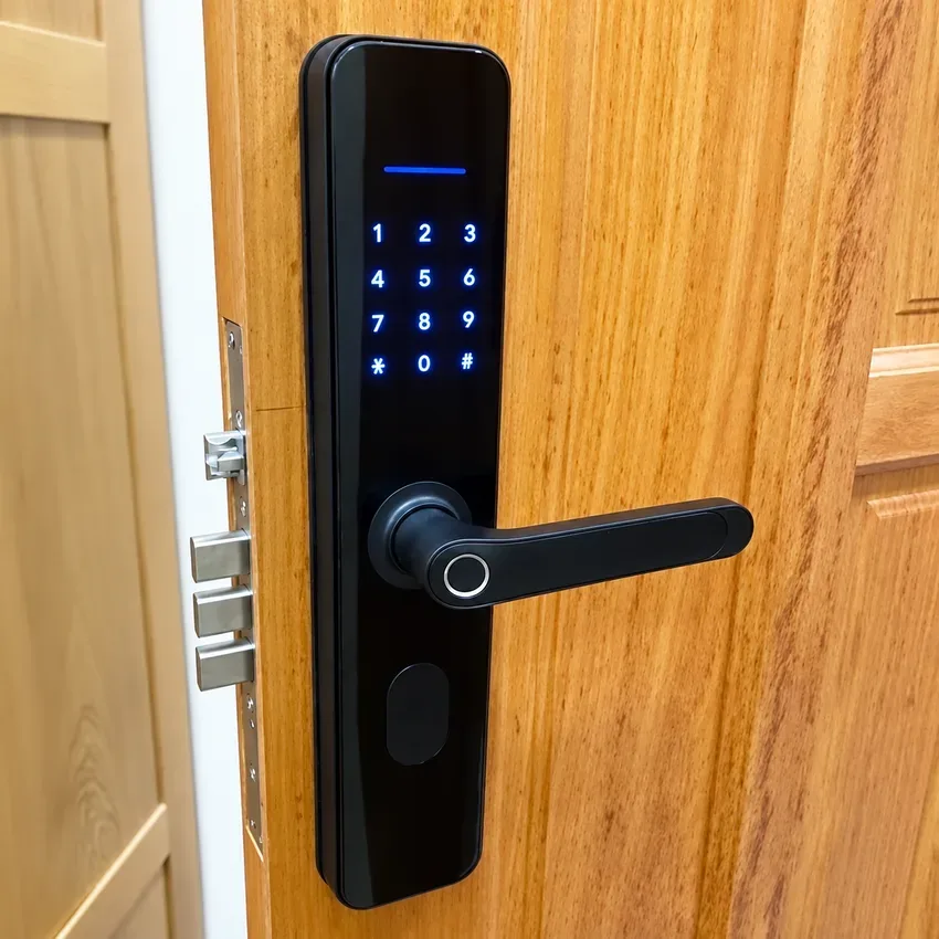 Khóa vân tay Kassler KL 696SB có App Wifi lắp đặt thực tế trên cửa gỗ Khóa vân tay Kassler KL 696SB có App Wifi lắp đặt trên cửa gỗ