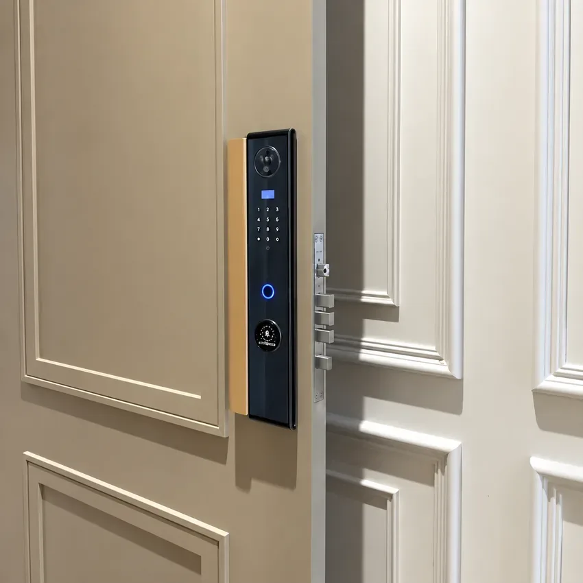 Khóa vân tay Kassler KL808 CNC có face ID - lắp trên cửa nhựa Khóa Kassler KL808 CNC có face ID lắp đặt trên cửa công trình thực tế