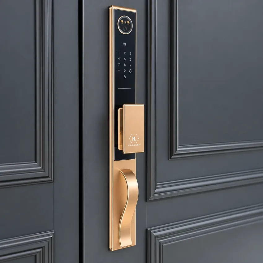 Khóa vân tay Kassler KL988-CNC lắp đặt trên cửa màu xám Khóa vân tay Kassler KL988-CNC màu gold lắp đặt trên cửa màu xám
