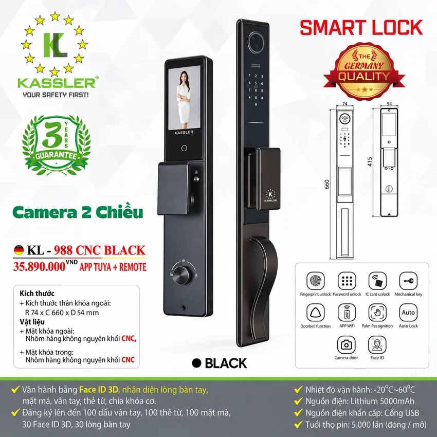 Thông số và tính năng Khóa vân tay Kassler KL988-CNC Black Thông tin chi tiết Khóa vân tay Kassler KL988-CNC màu Đen