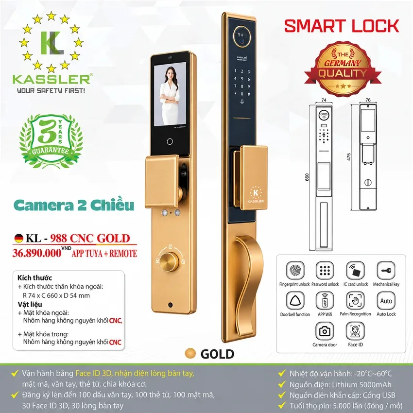 Thông số và tính năng Khóa vân tay Kassler KL988-CNC Gold Thông tin chi tiết Khóa vân tay Kassler KL988-CNC màu Gold