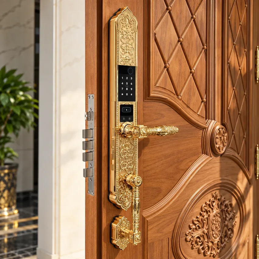 Khóa vân tay tân cổ điển Kassler KL 989 đúc đồng nguyên khối Face ID lắp thực tế Hình ảnh khóa vân tay tân cổ điển Kassler KL 989F vàng 24K trên cửa gỗ sang trọng