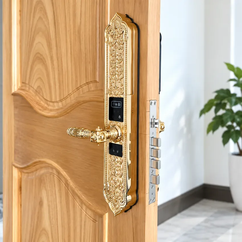 Chi tiết khóa vân tay tân cổ điển Kassler KL 989F đúc đồng nguyên khối Cận cảnh khóa thông minh Kassler KL 989 Face ID trên cửa nội thất