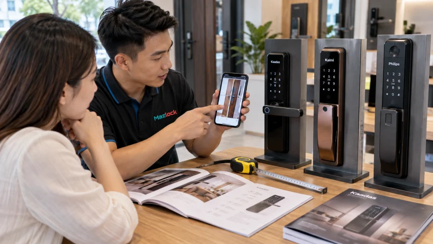 Nhân viên Mazlock tư vấn khoá cửa thông minh tại showroom