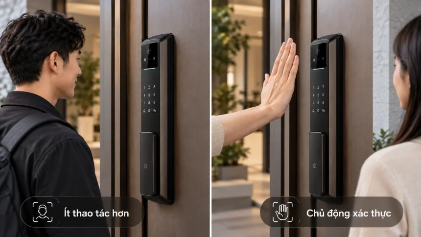 So sánh thao tác mở khóa của 2 loại hình sinh trắc học là face ID và nhận diện tĩnh mạch lòng bàn tay