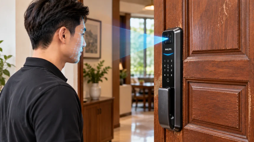 Thay khoá thông minh có Face ID tiện dụng cho cửa gỗ cũ